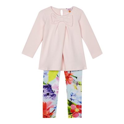 Girls' light pink quilted bow top and floral print leggings